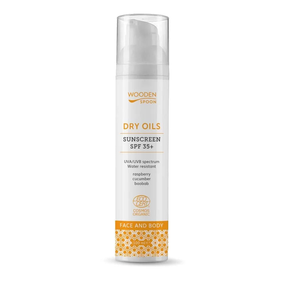 Opaľovacie mlieko na tvár a telo so suchými olejmi SPF 35+ Wooden Spoon